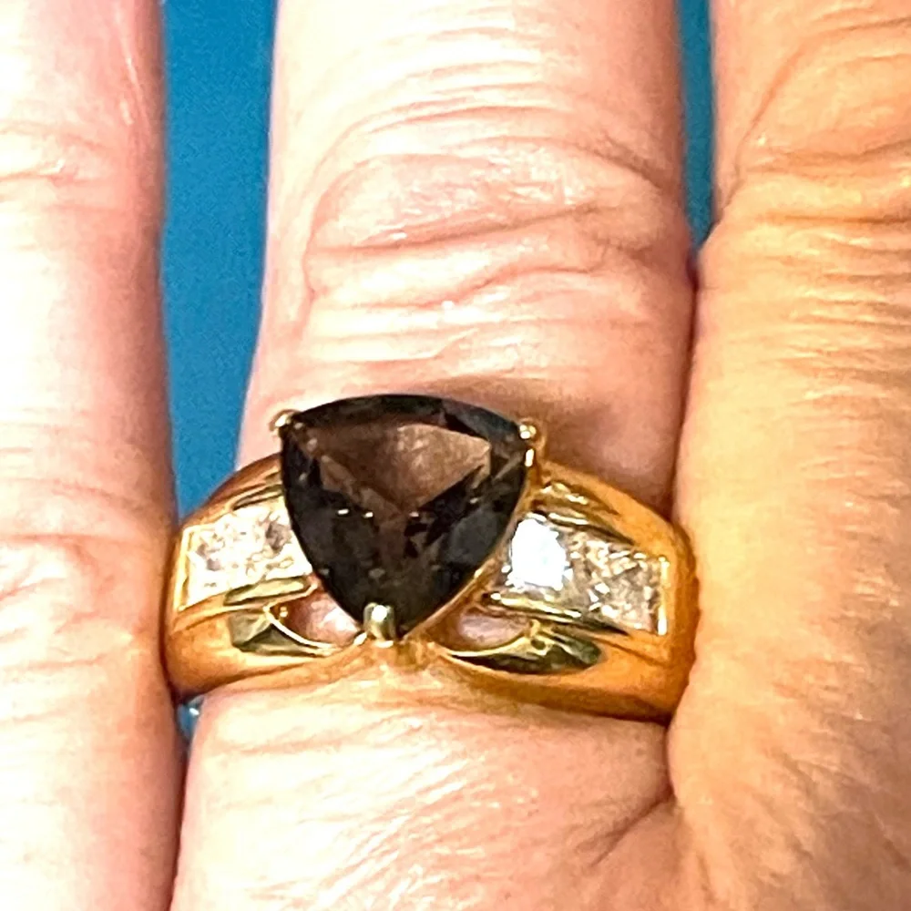 Gold Washed Smoky Quartz Ring sz 10 cat. R601